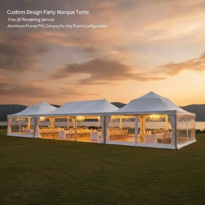 खरीदें कस्टम डिजाइन पार्टी मार्की टेंट निः शुल्क 3 डी रेंडरिंग सेवा किसी भी घटना विन्यास के लिए एल्यूमीनियम फ्रेम पीवीसी कैनोपी ऑनलाइन निर्माण
