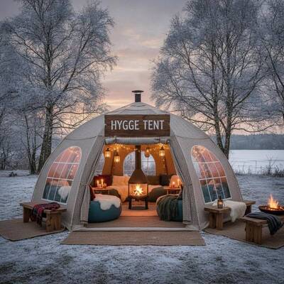डेनिश Hygge Cozy Event Party Marquee Tent Insulated Warm Atmosphere Design for Denmark आउटडोर सामाजिक समारोहों के लिए डिजाइन